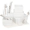4 square white starter set. four each bento dinner plates, salad plates, soup bowls; 6 each party spoons, forks, knives; 4 each marta coolers, double old-fashioneds; 4 white basketweave placemats.