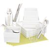 4 square chartreuse starter set. four each bento dinner plates, salad plates, soup bowls; 6 each party spoons, forks, knives; 4 each marta coolers, double old-fashioneds; 4 chartreuse basketweave placemats.