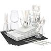 4 top carbon starter set. four each cuatro small platters, cuatro medium platters, glass bari bowls; six each party spoons, forks, knives; four large stemless wine glasses; four carbon basketweave placemats.