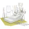 4 top chartreuse starter set. four each cuatro small platters, cuatro medium platters, glass bari bowls; six each party spoons, forks, knives; four large stemless wine glasses; four chartreuse basketweave placemats.