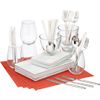 4 top hot orange starter set. four each cuatro small platters, cuatro medium platters, glass bari bowls; six each party spoons, forks, knives; four large stemless wine glasses; four hot orange basketweave placemats.
