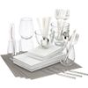 4 top shale starter set. four each cuatro small platters, cuatro medium platters, glass bari bowls; six each party spoons, forks, knives; four large stemless wine glasses; four shale basketweave placemats.