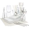 4 top white starter set. four each cuatro small platters, cuatro medium platters, glass bari bowls; six each party spoons, forks, knives; four large stemless wine glasses; four white basketweave placemats.
