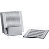 7-piece groove aluminum coasters with stand set. 3.5" coaster; 2.5"Wx1.75"Dx1.5"H stand