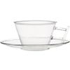 om beaker glass cup and saucer. cup 6 oz.; 3.25" dia.x2"H, saucer 5.25" dia.